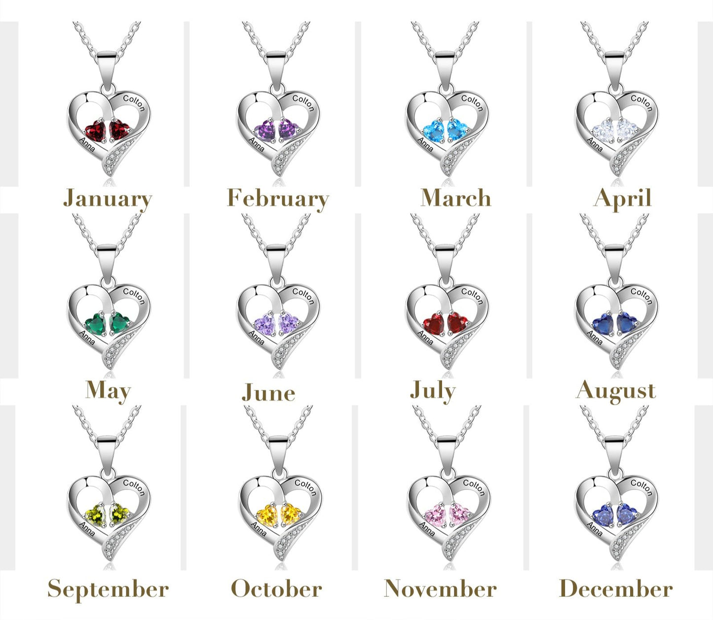 Twin Flames Birthstone Heart Necklace -Silver