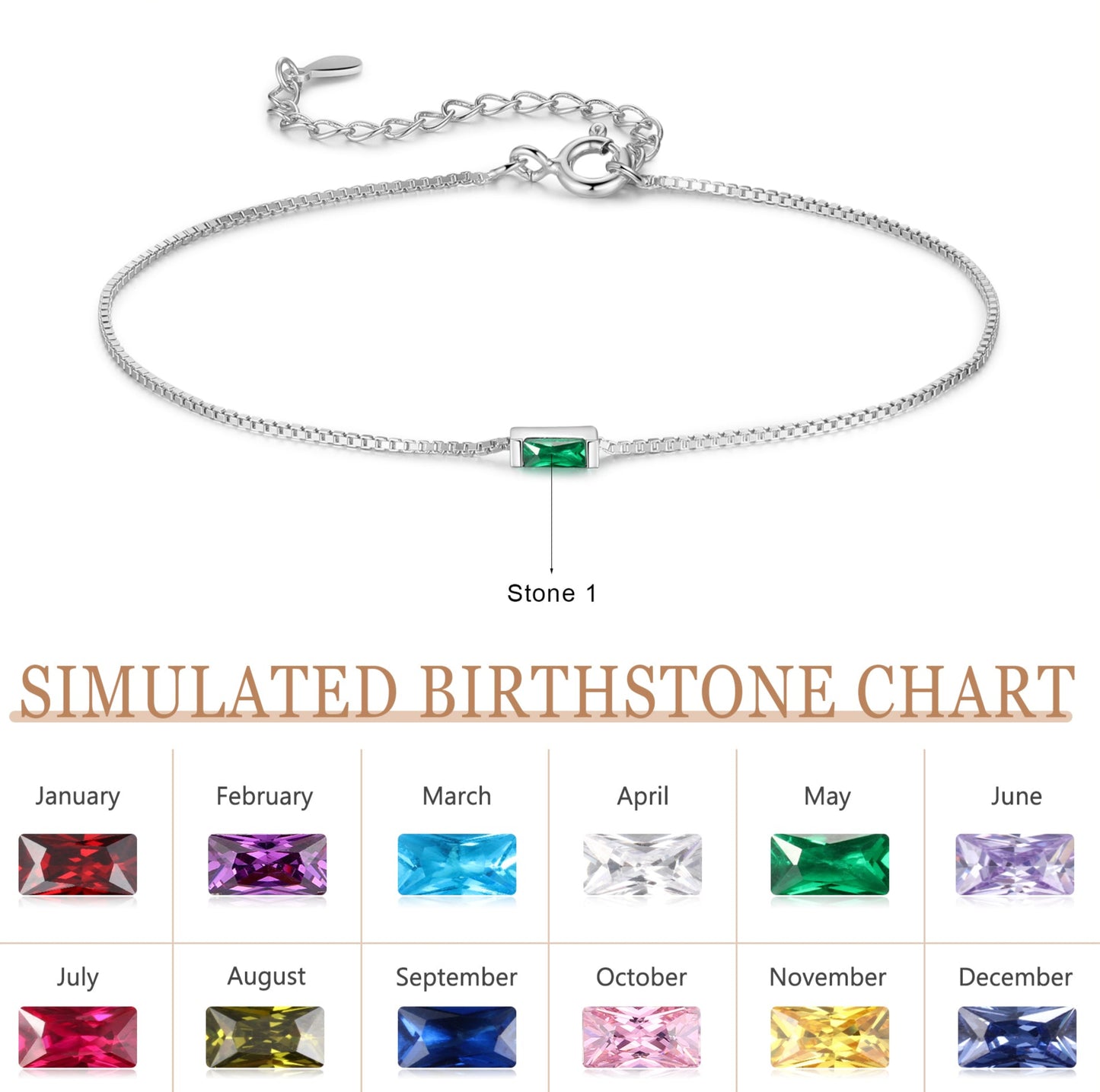 Silver Baguette Birthstone Bracelet