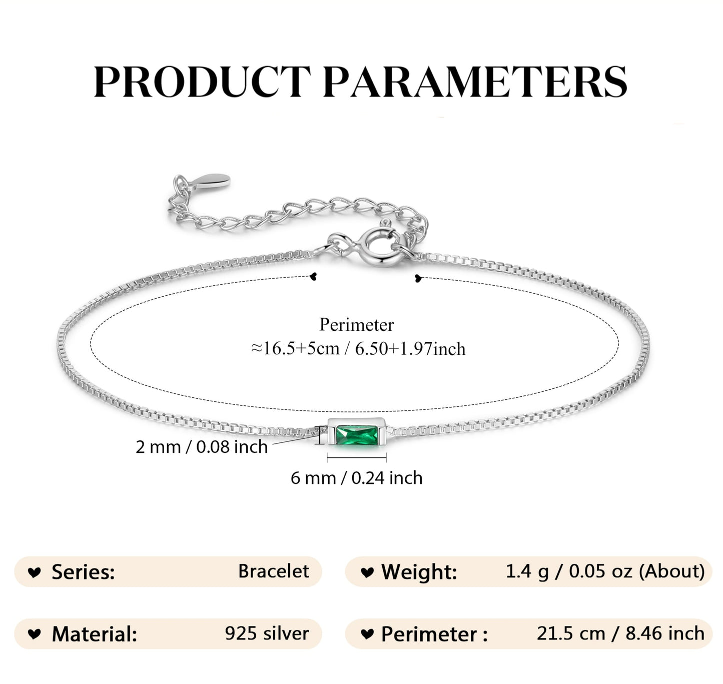 Silver Baguette Birthstone Bracelet