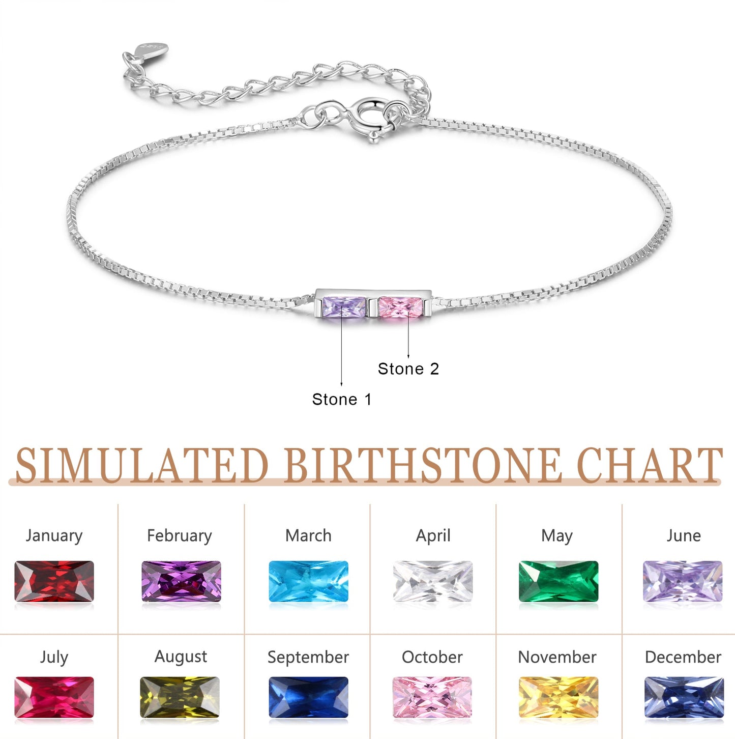 Silver Baguette Birthstone Bracelet