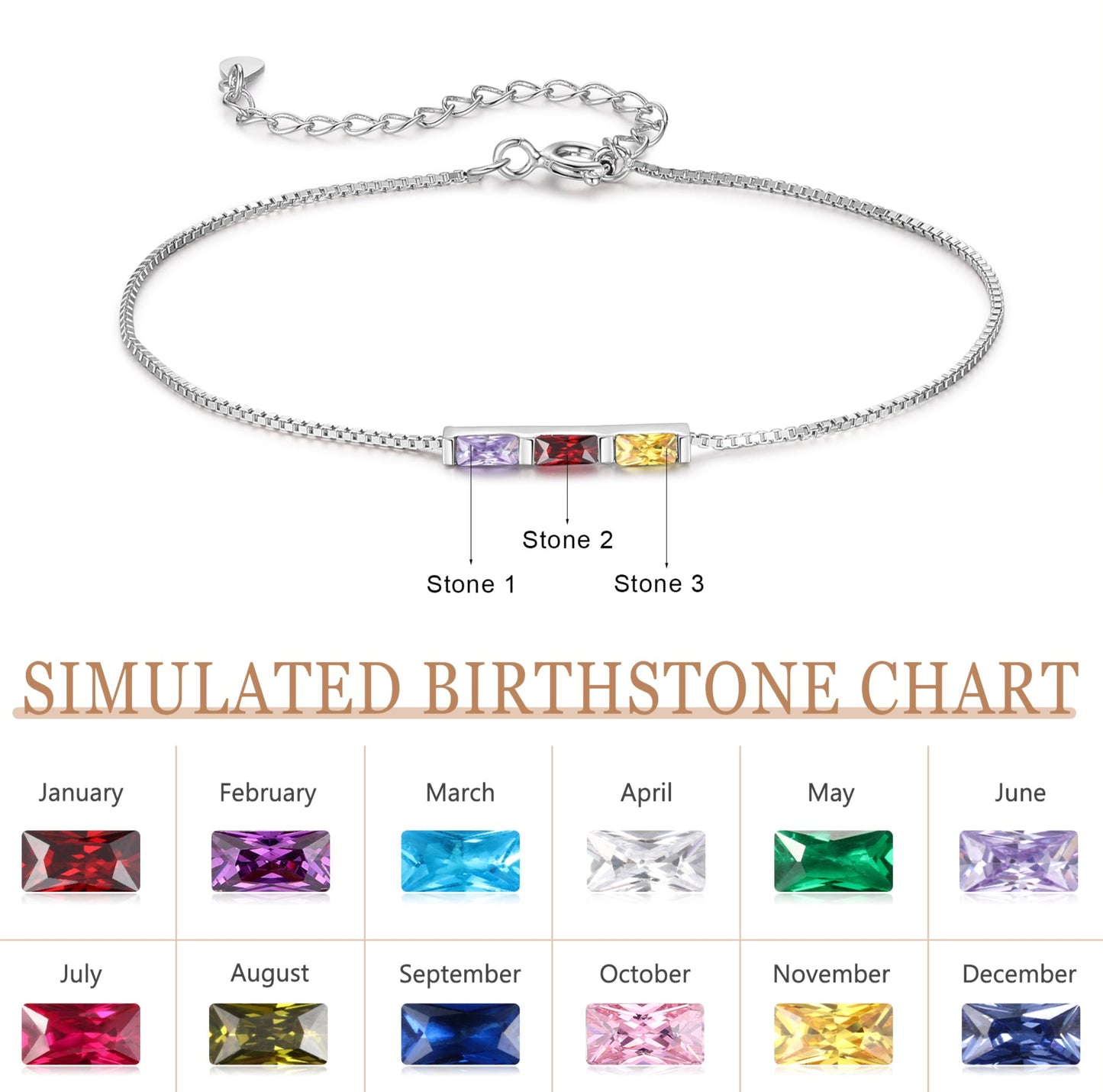Silver Baguette Birthstone Bracelet