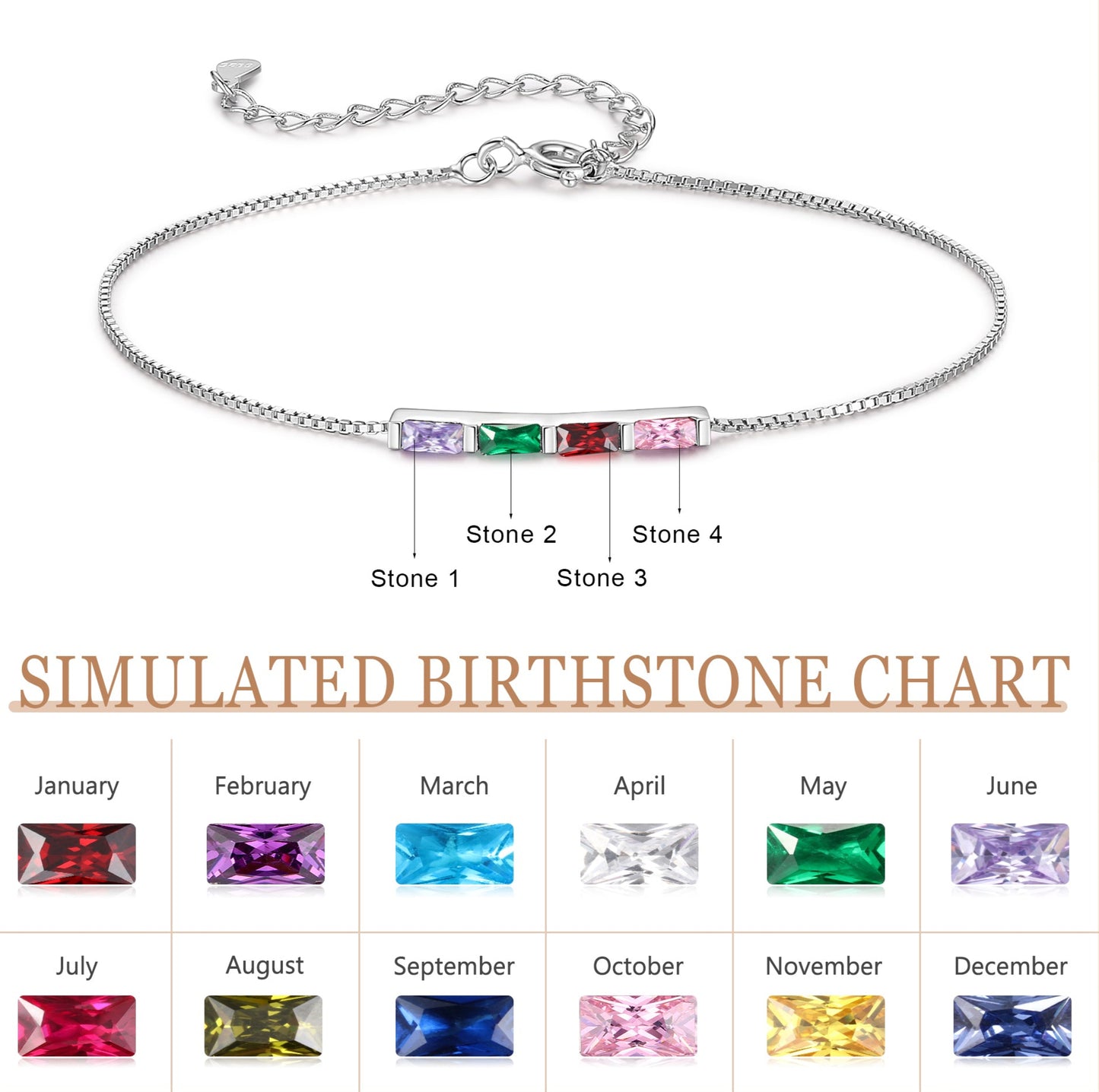 Silver Baguette Birthstone Bracelet