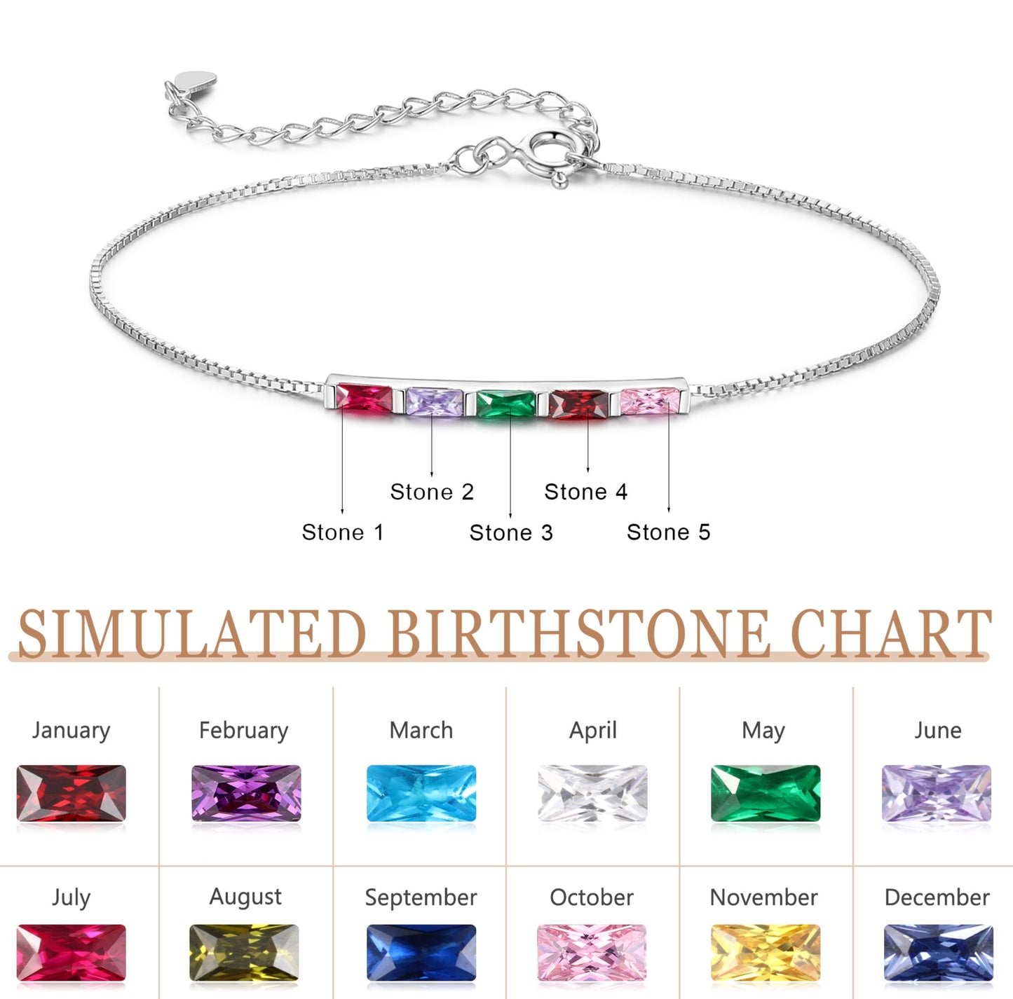 Silver Baguette Birthstone Bracelet