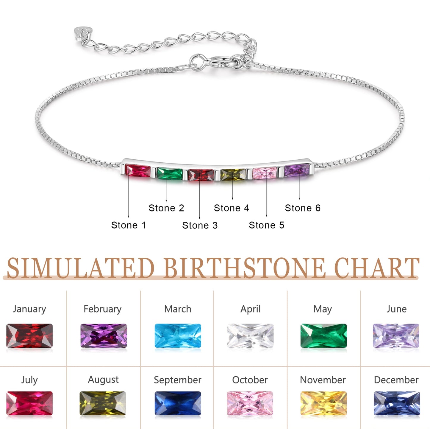 Silver Baguette Birthstone Bracelet
